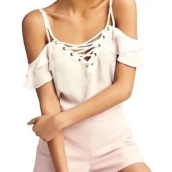 Express flowy chiffon lace up cream ruffle top - Picture 5 of 9